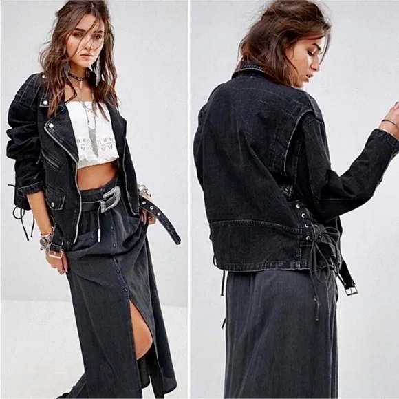 Free People Black Oversized Denim Moto Jacket Corset Lace Up - Picture 2 of 8